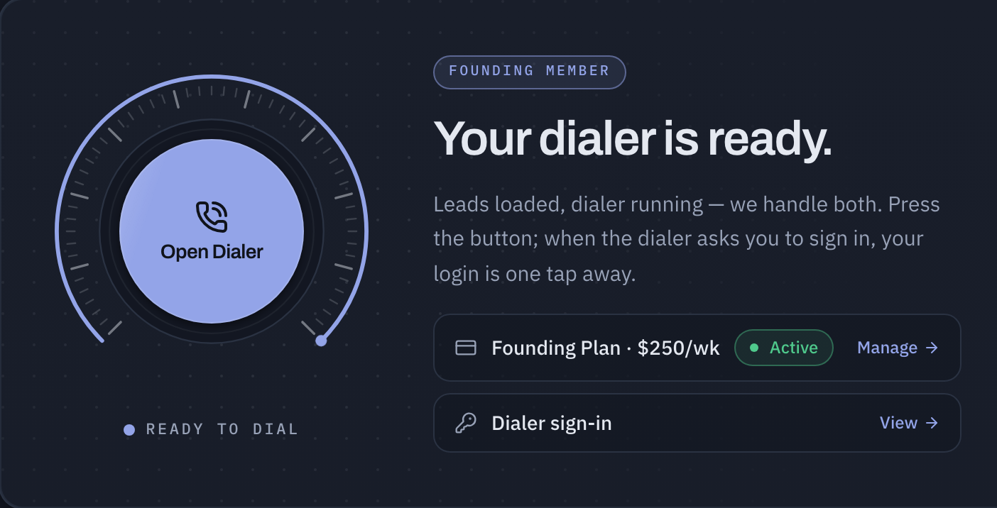 The plan card on the member dashboard: the Open Dialer control, plan status, and dialer sign-in.